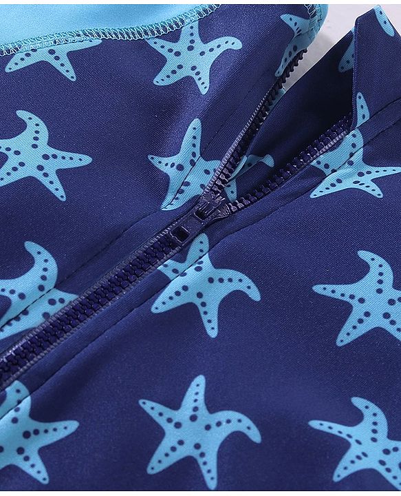 Babyhug Raglan Half Sleeves Star Fish Printed Thigh Legged Swimsuit - Navy Blue