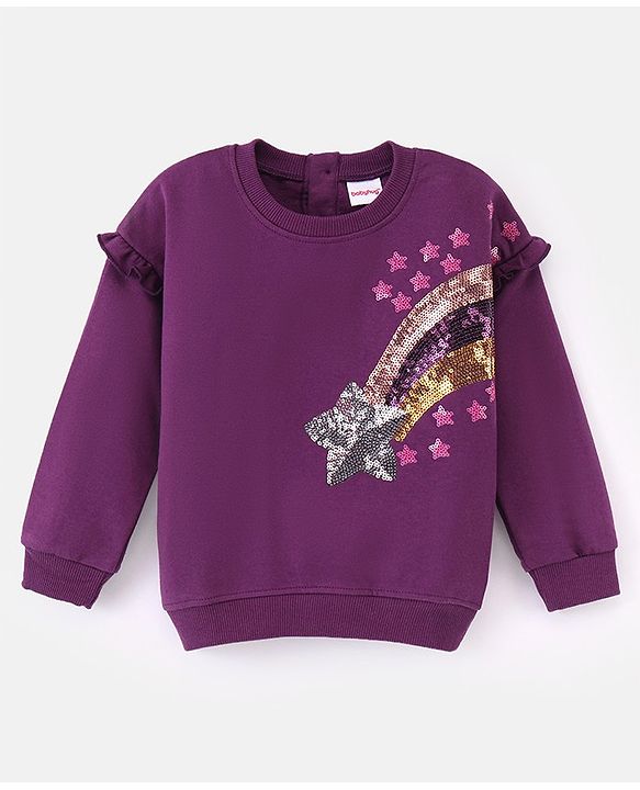 Babyhug Cotton Knit Full Sleeves Sweatshirt with Sequins & Frill Detailing - Dark Purple