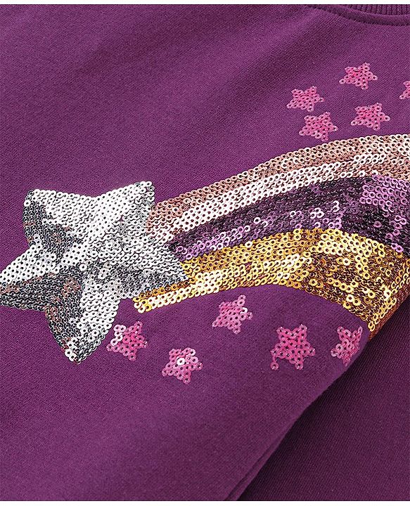 Babyhug Cotton Knit Full Sleeves Sweatshirt with Sequins & Frill Detailing - Dark Purple