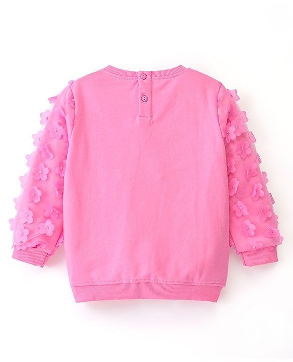 Babyhug Cotton Full Sleeves Sweatshirt with Graphics Sequins & Petal Embroidery with Mesh Sleeves Detailing - Pink