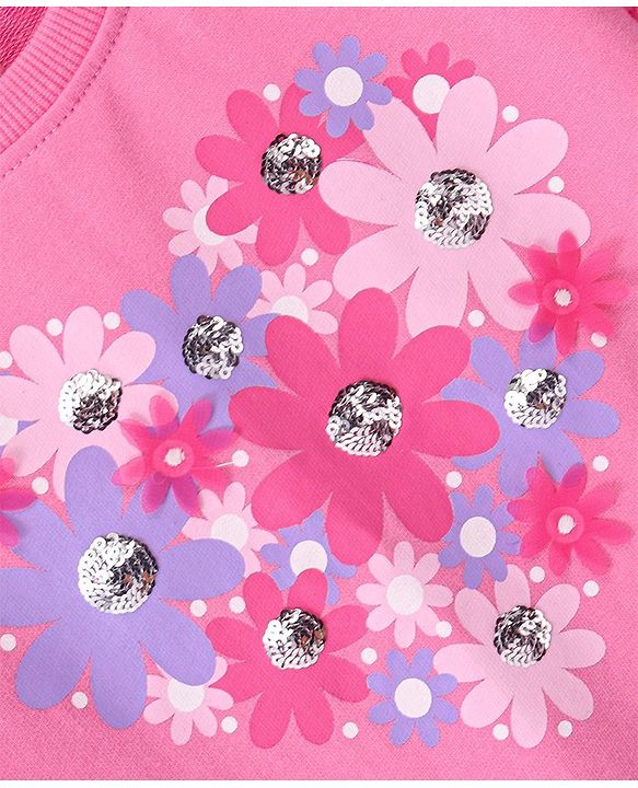 Babyhug Cotton Full Sleeves Sweatshirt with Graphics Sequins & Petal Embroidery with Mesh Sleeves Detailing - Pink
