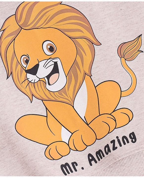 Babyhug Cotton Knit Raglan Sleeves Sweatshirt with Quilting Details & Lion Graphics Print - Oatmeal