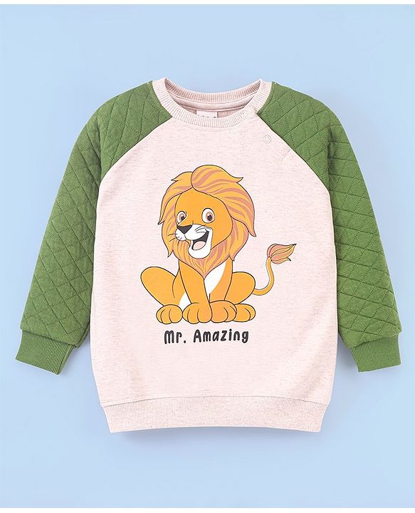 Babyhug Cotton Knit Raglan Sleeves Sweatshirt with Quilting Details & Lion Graphics Print - Oatmeal