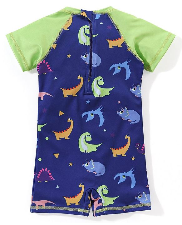 Babyhug Raglan Half Sleeves Dino Printed Thigh Legged Swimsuit  - Navy Blue