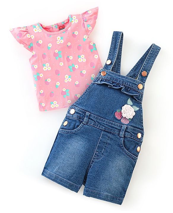 Babyhug 100% Cotton Cap Sleeves Tee With Dungaree Floral Print & Embroidery- Pink & Blue
