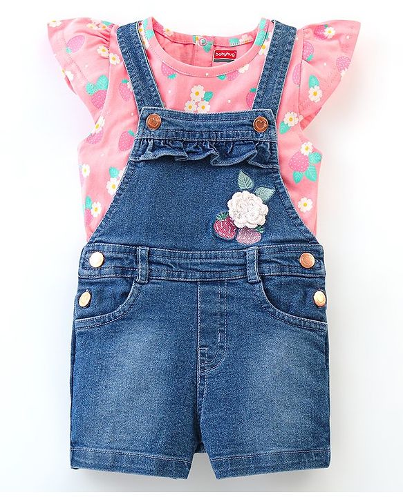 Babyhug 100% Cotton Cap Sleeves Tee With Dungaree Floral Print & Embroidery- Pink & Blue
