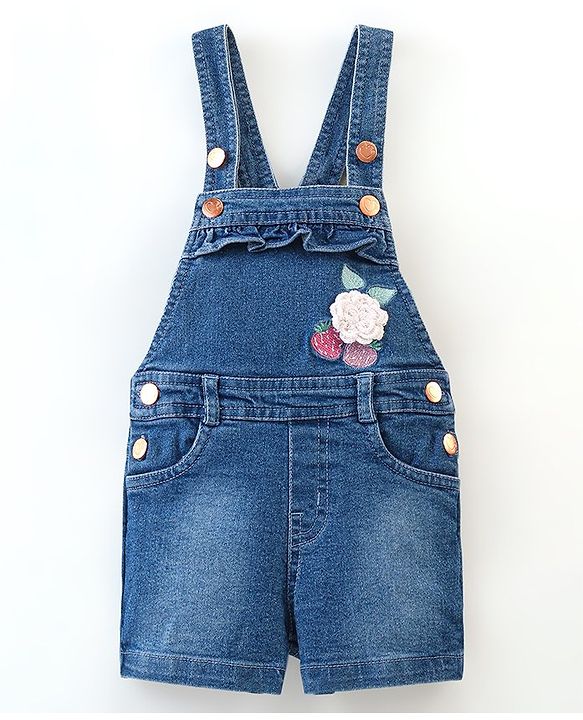 Babyhug 100% Cotton Cap Sleeves Tee With Dungaree Floral Print & Embroidery- Pink & Blue