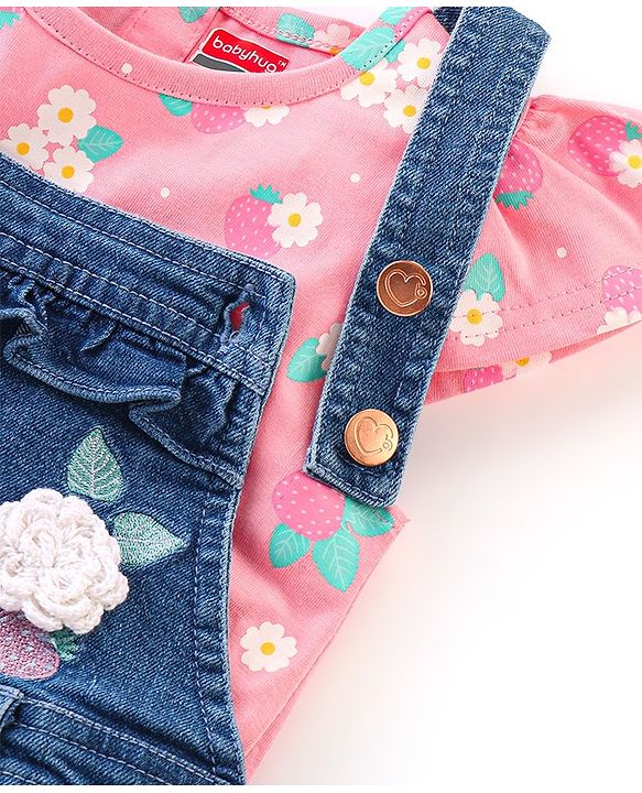 Babyhug 100% Cotton Cap Sleeves Tee With Dungaree Floral Print & Embroidery- Pink & Blue