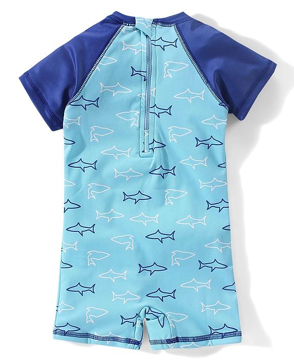 Babyhug Raglan Half Sleeves Shark Printed Thigh Legged Swimsuit  - Blue