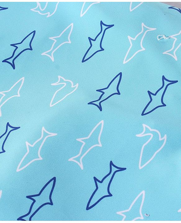 Babyhug Raglan Half Sleeves Shark Printed Thigh Legged Swimsuit  - Blue