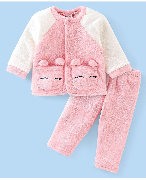 Babyhug Velour Full Sleeves Winterwear Night Suit Nightsuit With Solid Colour - Pink