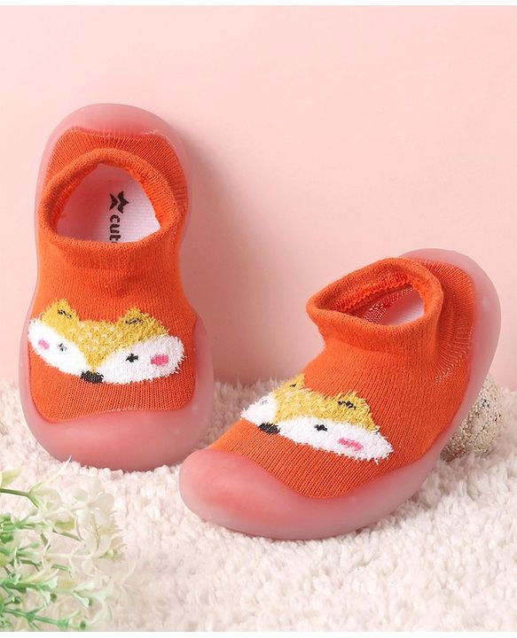 Cute Walk by Babyhug Solid Color Socks Shoe with Fox Design - Orange