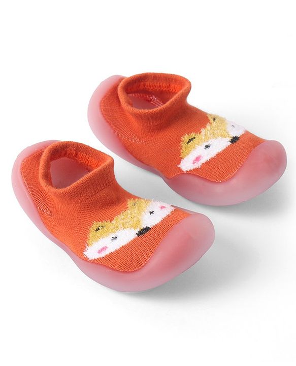 Cute Walk by Babyhug Solid Color Socks Shoe with Fox Design - Orange