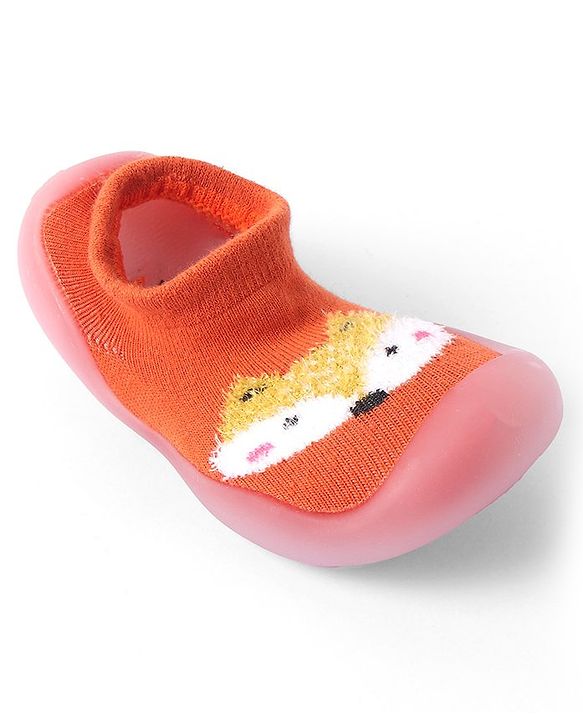 Cute Walk by Babyhug Solid Color Socks Shoe with Fox Design - Orange