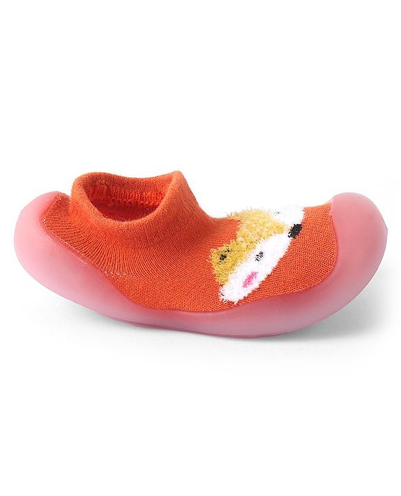 Cute Walk by Babyhug Solid Color Socks Shoe with Fox Design - Orange