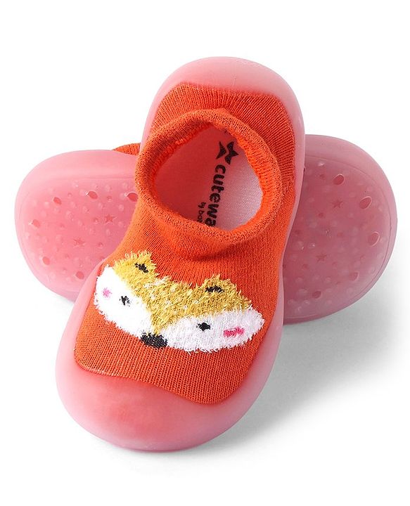 Cute Walk by Babyhug Solid Color Socks Shoe with Fox Design - Orange