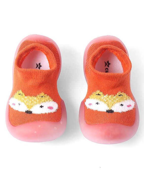 Cute Walk by Babyhug Solid Color Socks Shoe with Fox Design - Orange
