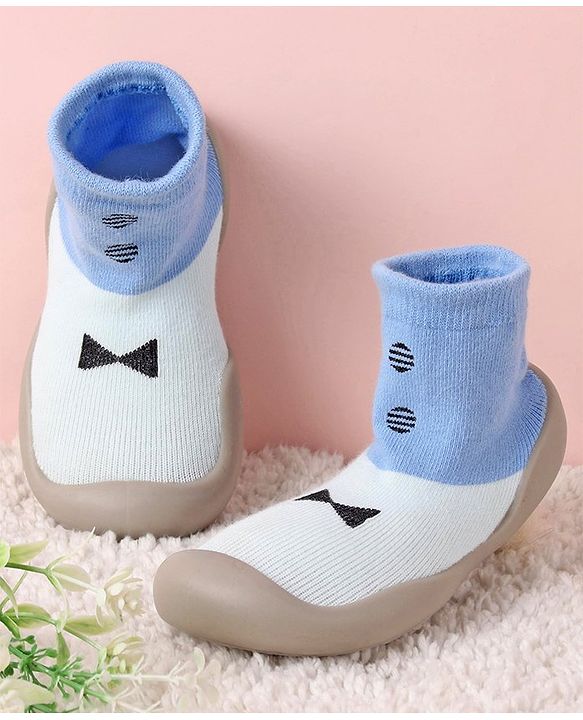 Cute Walk by Babyhug Slip On Sock Shoes Bow Design- Blue & White