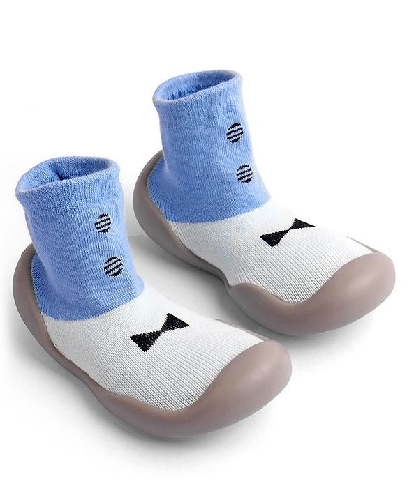 Cute Walk by Babyhug Slip On Sock Shoes Bow Design- Blue & White