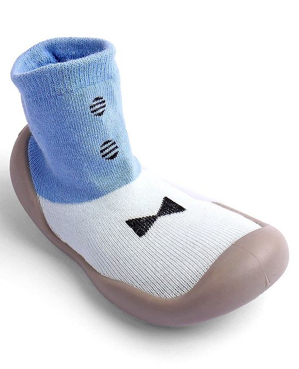 Cute Walk by Babyhug Slip On Sock Shoes Bow Design- Blue & White