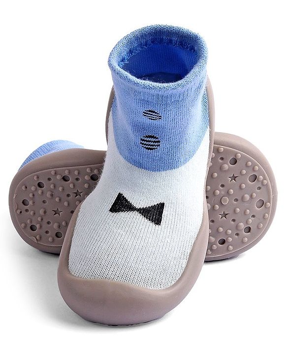 Cute Walk by Babyhug Slip On Sock Shoes Bow Design- Blue & White
