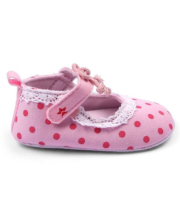 Cute Walk by Babyhug Booties With Velcro Closure & Polka Dot Print- Pink