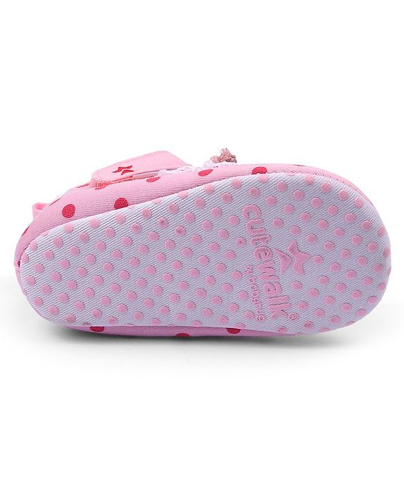 Cute Walk by Babyhug Booties With Velcro Closure & Polka Dot Print- Pink