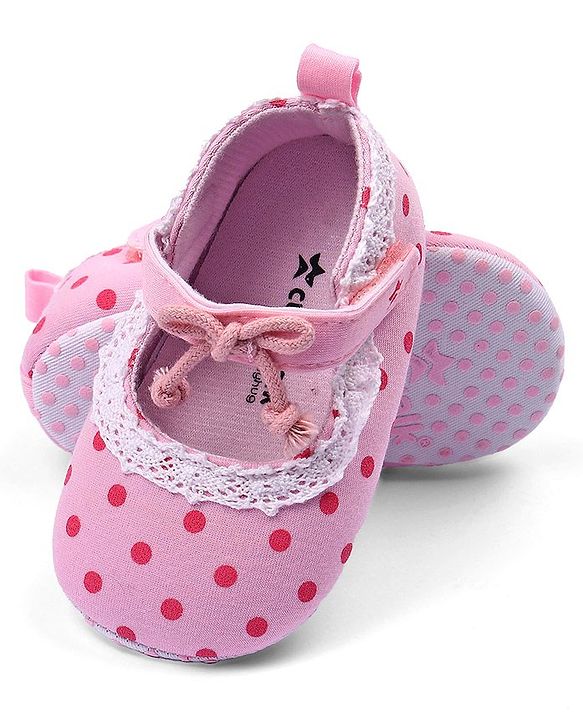 Cute Walk by Babyhug Booties With Velcro Closure & Polka Dot Print- Pink