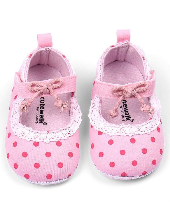 Cute Walk by Babyhug Booties With Velcro Closure & Polka Dot Print- Pink