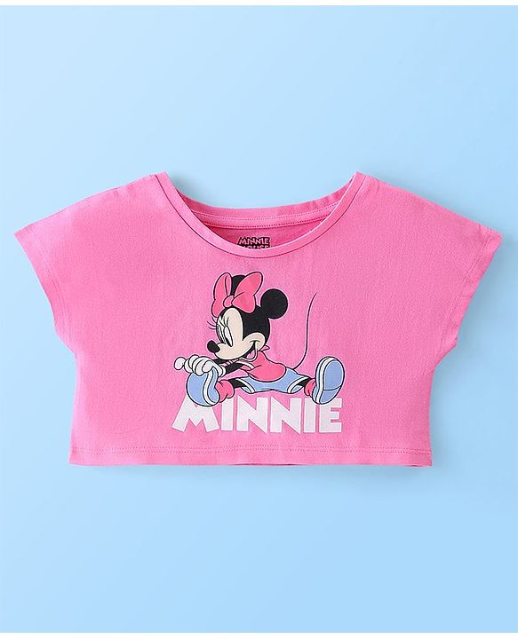 Babyhug Cotton Knit Half Sleeves Minnie Mouse Printed Crop Top with Inner Tee - Pink & White