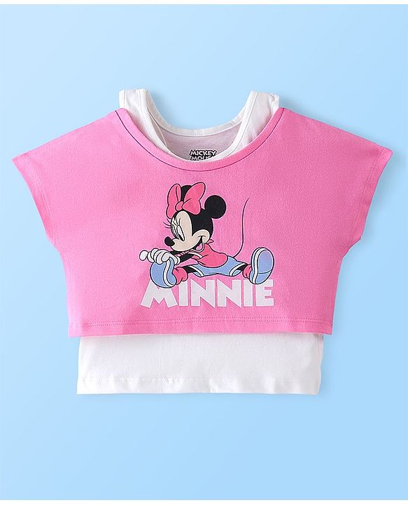 Babyhug Cotton Knit Half Sleeves Minnie Mouse Printed Crop Top with Inner Tee - Pink & White