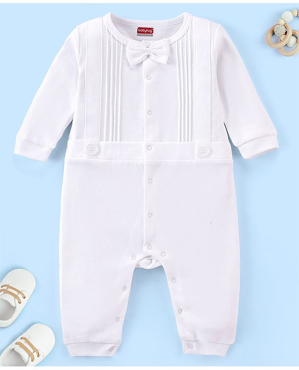 Babyhug 100% Cotton Knit Full Sleeves Baptism Romper with Bow - White