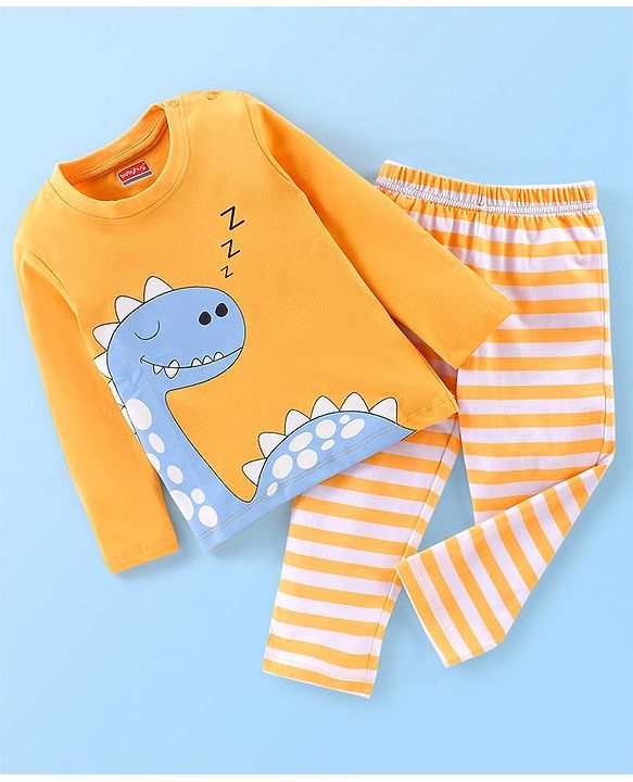 Babyhug Cotton Knit Full Sleeves Night Suit with Dino Print - Yellow
