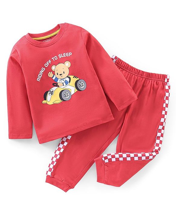 Babyhug Cotton Knit Full Sleeves Night Suit Bear Print - Red
