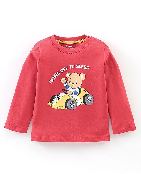 Babyhug Cotton Knit Full Sleeves Night Suit Bear Print - Red