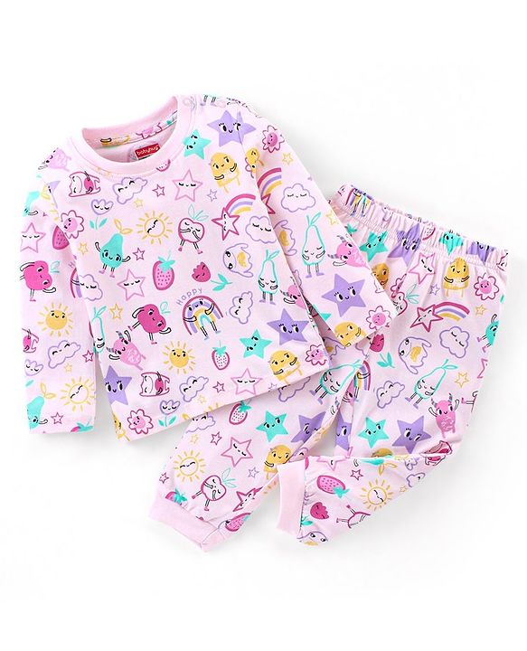 Babyhug Cotton Knit Full Sleeves Night Suit With Fruits Print - Pink