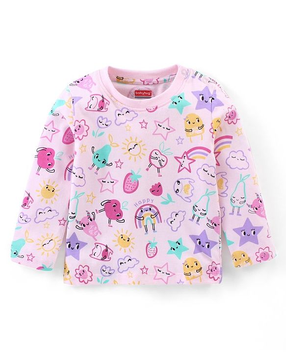 Babyhug Cotton Knit Full Sleeves Night Suit With Fruits Print - Pink