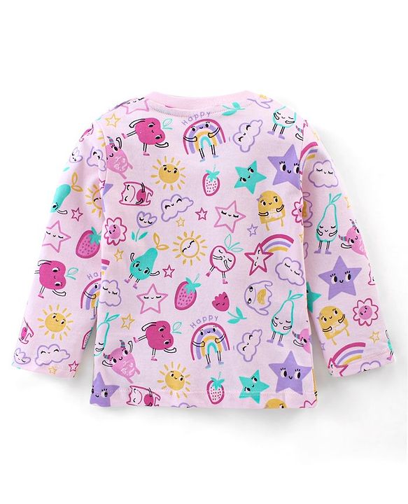 Babyhug Cotton Knit Full Sleeves Night Suit With Fruits Print - Pink