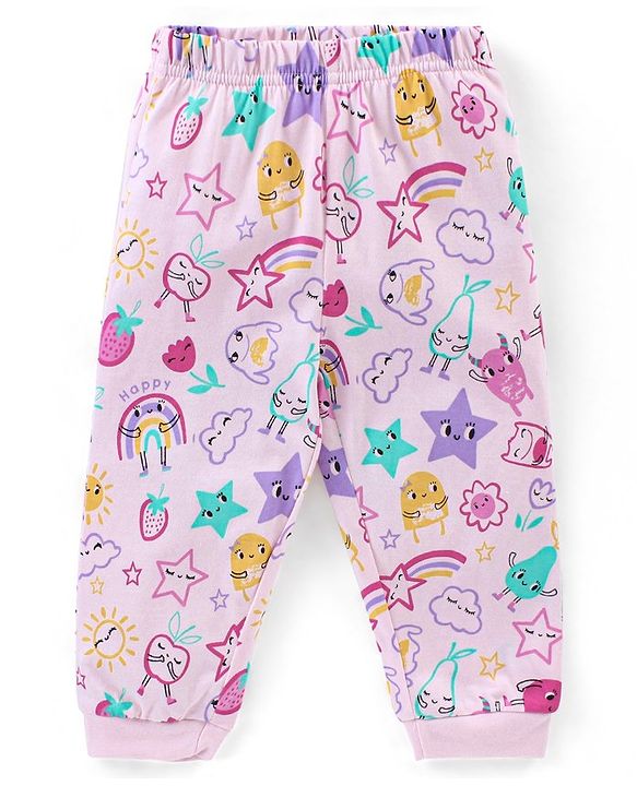 Babyhug Cotton Knit Full Sleeves Night Suit With Fruits Print - Pink