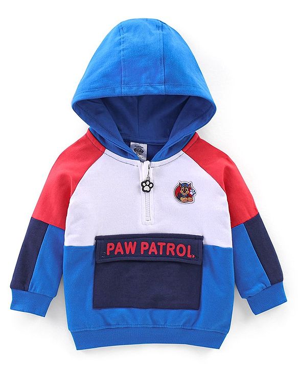 Babyhug Cotton Knit Full Sleeves Cut & Sew Sweatshirt With Hood & Paw Patrol Graphics - Blue & White