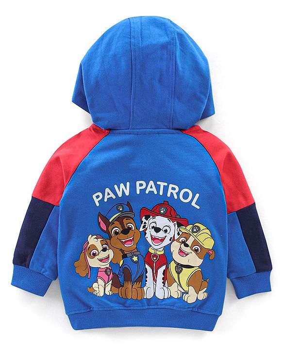 Babyhug Cotton Knit Full Sleeves Cut & Sew Sweatshirt With Hood & Paw Patrol Graphics - Blue & White