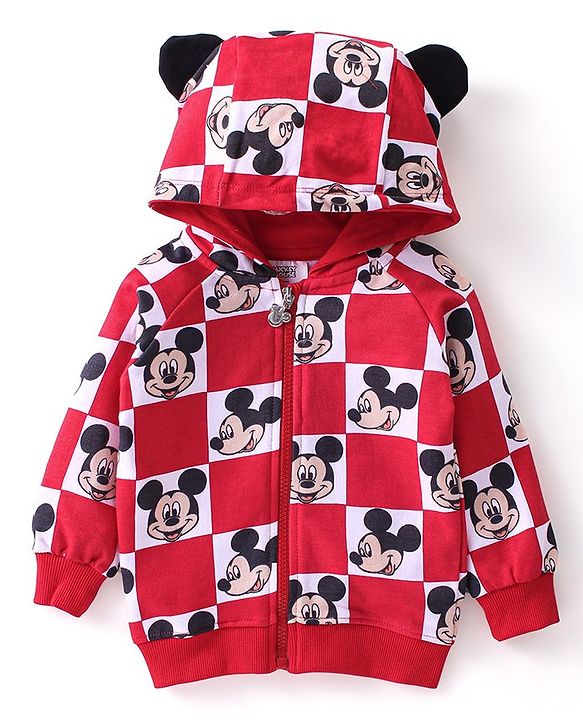 Babyhug Cotton Knit Full Sleeves Hooded Sweat Jacket with Mickey Mouse Print - Red
