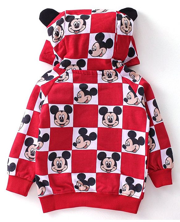 Babyhug Cotton Knit Full Sleeves Hooded Sweat Jacket with Mickey Mouse Print - Red