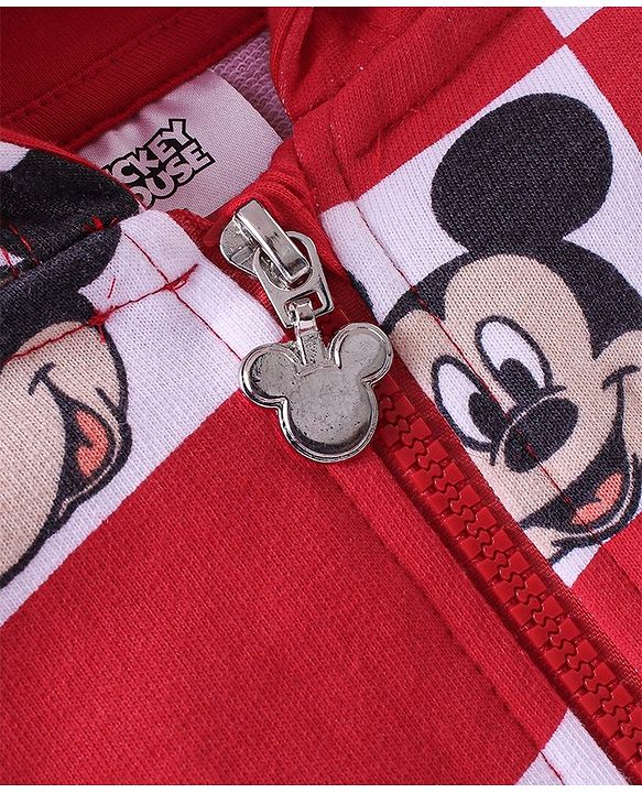Babyhug Cotton Knit Full Sleeves Hooded Sweat Jacket with Mickey Mouse Print - Red