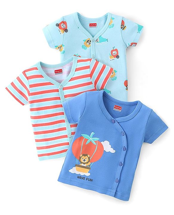 Babyhug 100%  Cotton Knit Half Sleeves Front Open Vest Lion Print Pack of 3 - Multicolour