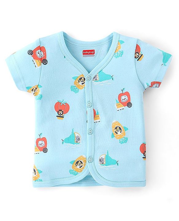 Babyhug 100%  Cotton Knit Half Sleeves Front Open Vest Lion Print Pack of 3 - Multicolour