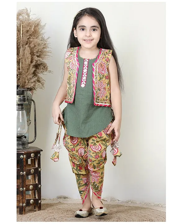 Peach Kurti and Dhoti with Embroidery Jacket - Curious Village
