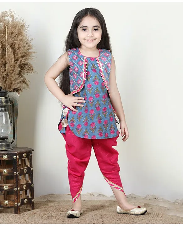 Buy Green Cotton Printed Hand Block Dhoti Pant Set And Jacket For Girls by  Missprint Online at Aza Fashions.