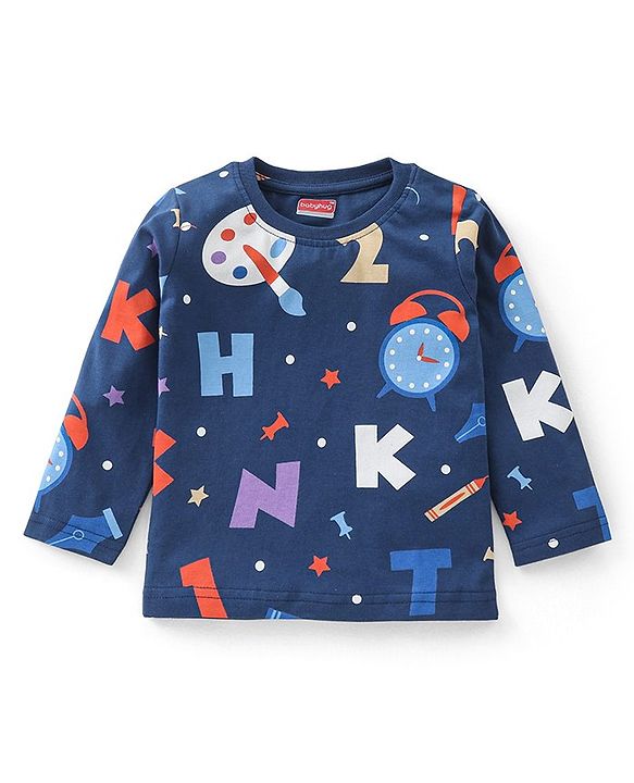 Babyhug Cotton Knit Full Sleeves Clock Printed Night Suit - Navy Blue
