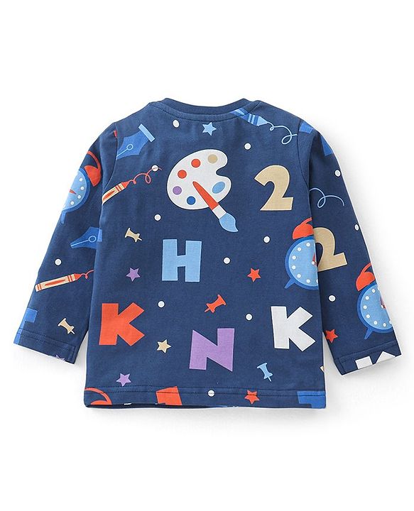 Babyhug Cotton Knit Full Sleeves Clock Printed Night Suit - Navy Blue